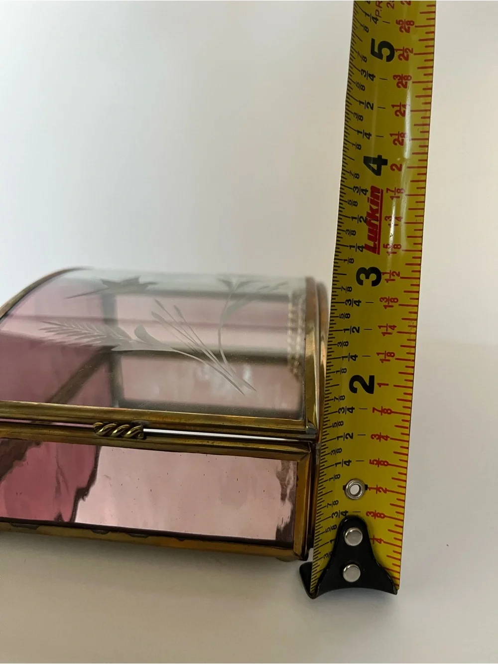 Vintage Brass Trinket Jewelry Box Etched Floral Purple Glass Curved Lid Romantic